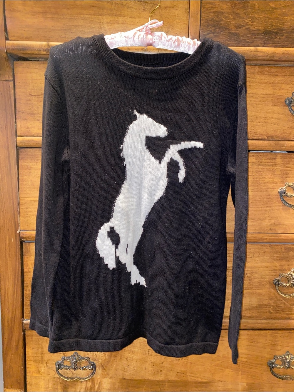 Black Sweater with White Rearing Horse Motif